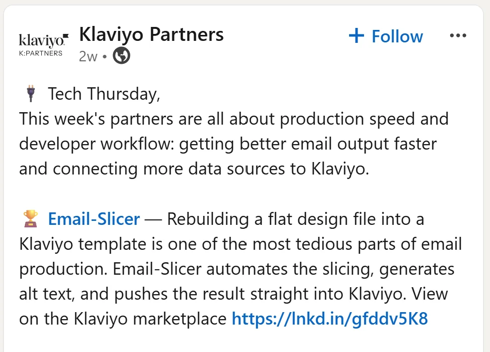 Screenshot of a Klaviyo Partners Tech Thursday LinkedIn post featuring Email-Slicer and describing its Klaviyo email-production workflow.