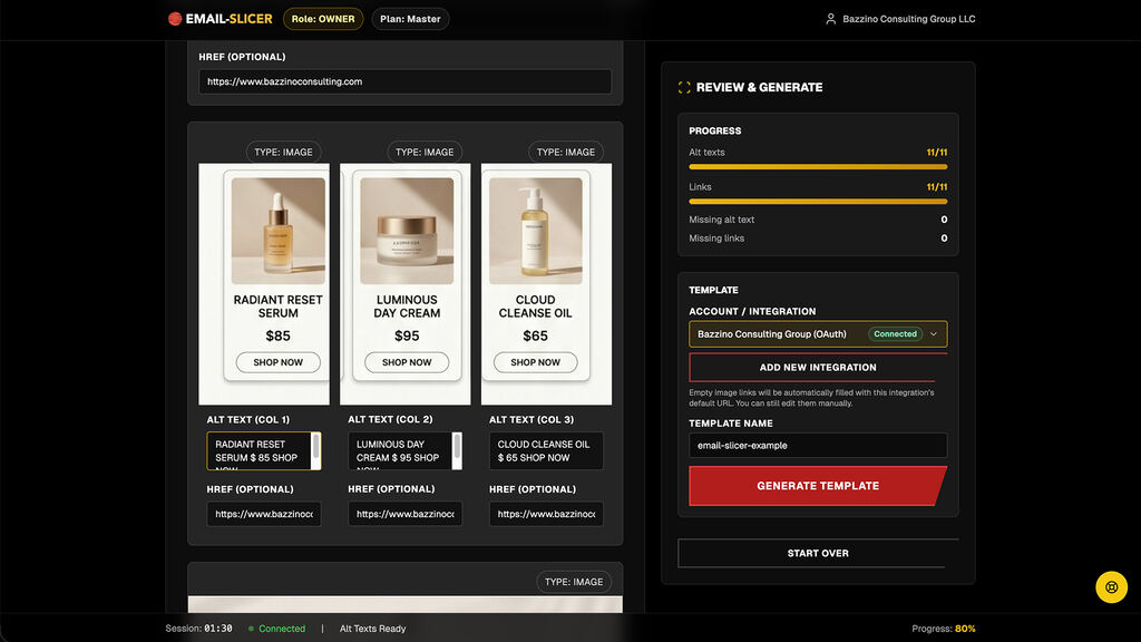 Email-Slicer review panel with per-column alt text and link fields on a detected product row