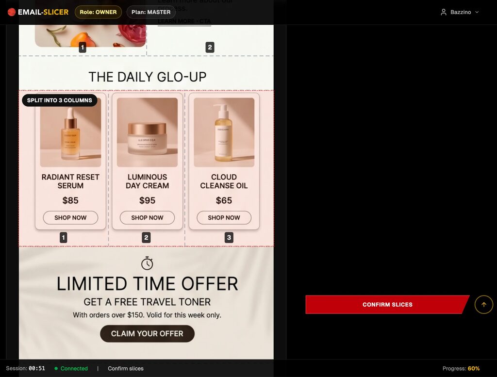 Email-Slicer slicing view: dashed horizontal guides between sections and a product row marked Split into 3 columns, with the Confirm slices button.