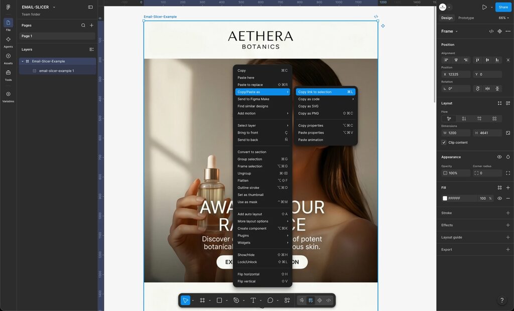 Figma right-click menu on the email frame with Copy/Paste as open and Copy link to selection highlighted.