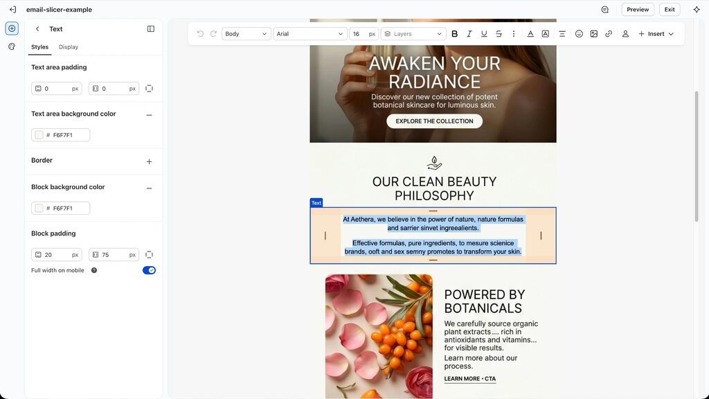 The exported template open in the Klaviyo editor, with a recovered paragraph selected as an editable Text block between image sections.