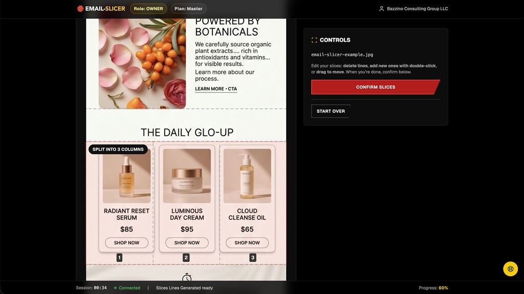 Email-Slicer review screen: a tall ecommerce email with detected horizontal slice guides and a product row marked to split into three columns